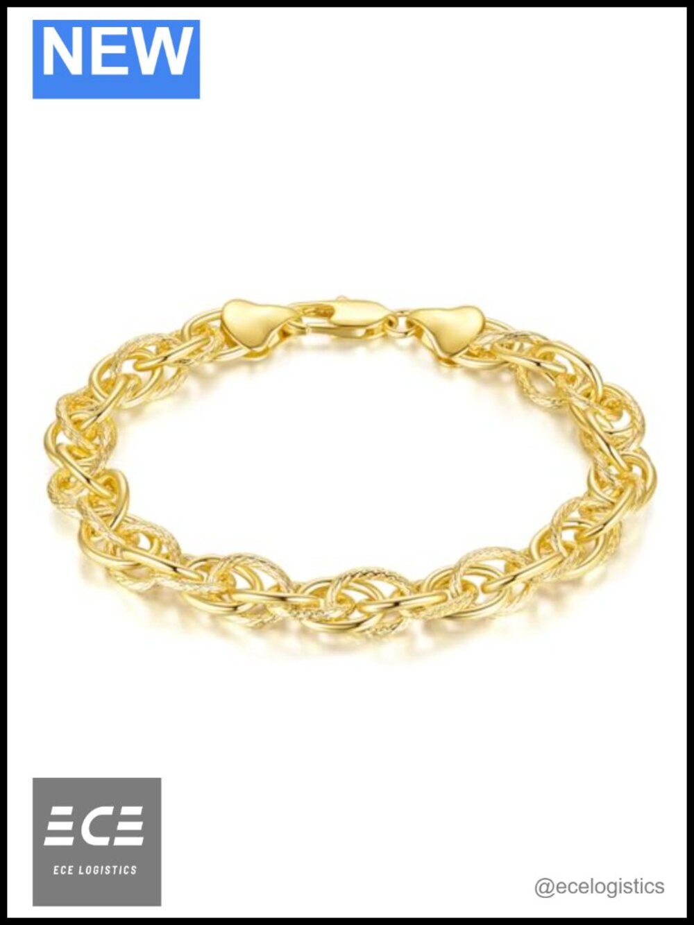 14K Gold Plated Rope Chain Bracelet Dense Link Adjustable 6.5-9 In